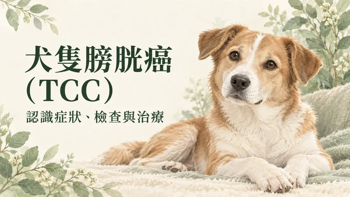 犬隻膀胱癌 TCC 衛教封面，米克斯犬與症狀、檢查及治療主題