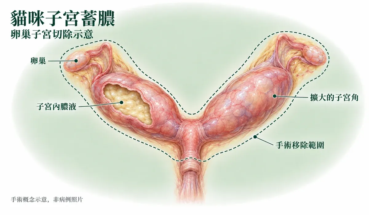 貓咪子宮蓄膿及卵巢子宮切除示意,呈現擴大子宮角、膿液與移除範圍
